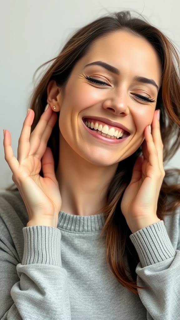 A woman has a genuine smile with her hands on her face, demonstrating a Relaxed Smile Stretch.