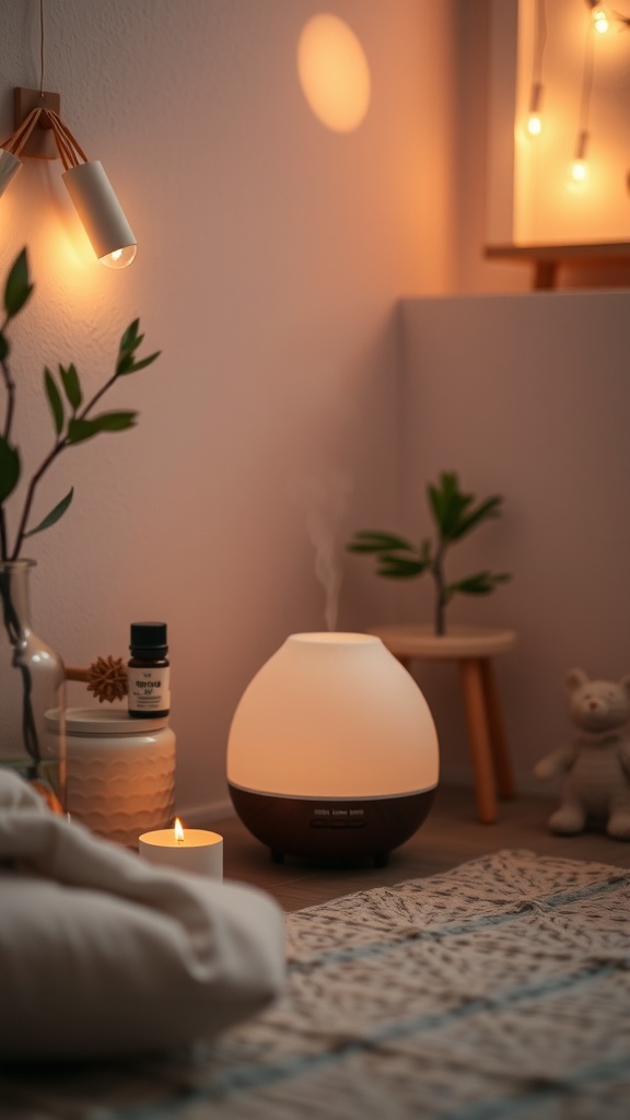 A calming aromatherapy setup with a diffuser, candle, and cozy decor.