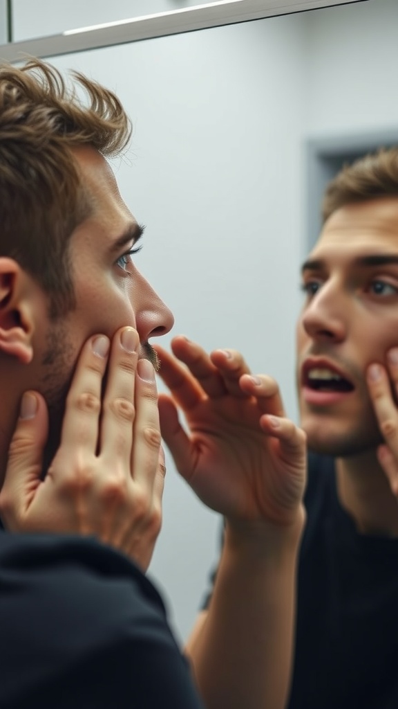 A person looking at their reflection in a mirror while applying pressure to their jawline.