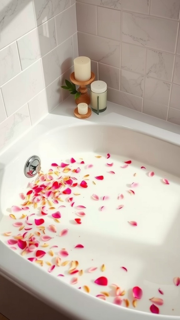 A serene bathtub filled with almond milk and flower petals, accompanied by candles.