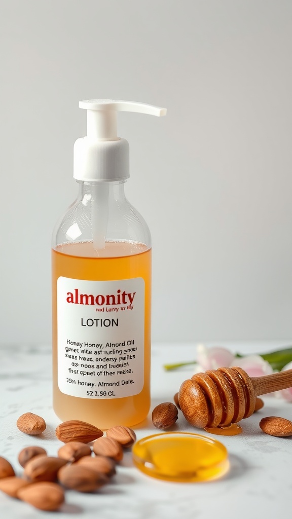 A bottle of honey and almond oil lotion with almonds and a honey dipper.