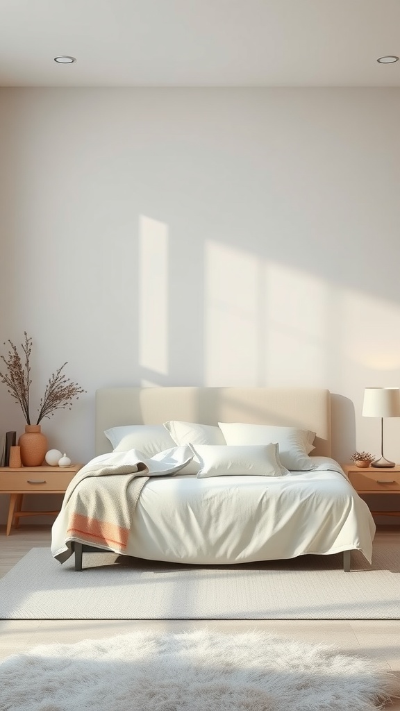 A cozy and calm bedroom with a neatly made bed, soft lighting, and decorative elements, creating a perfect setting for restful sleep.