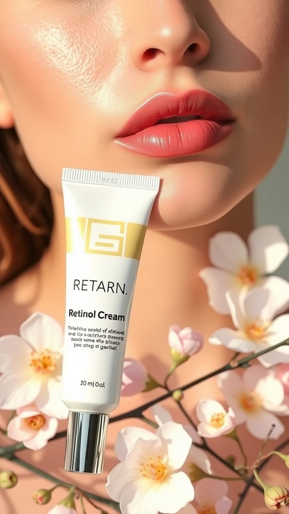 A close-up of a person holding a tube of Retinol cream with glowing skin and flowers in the background.