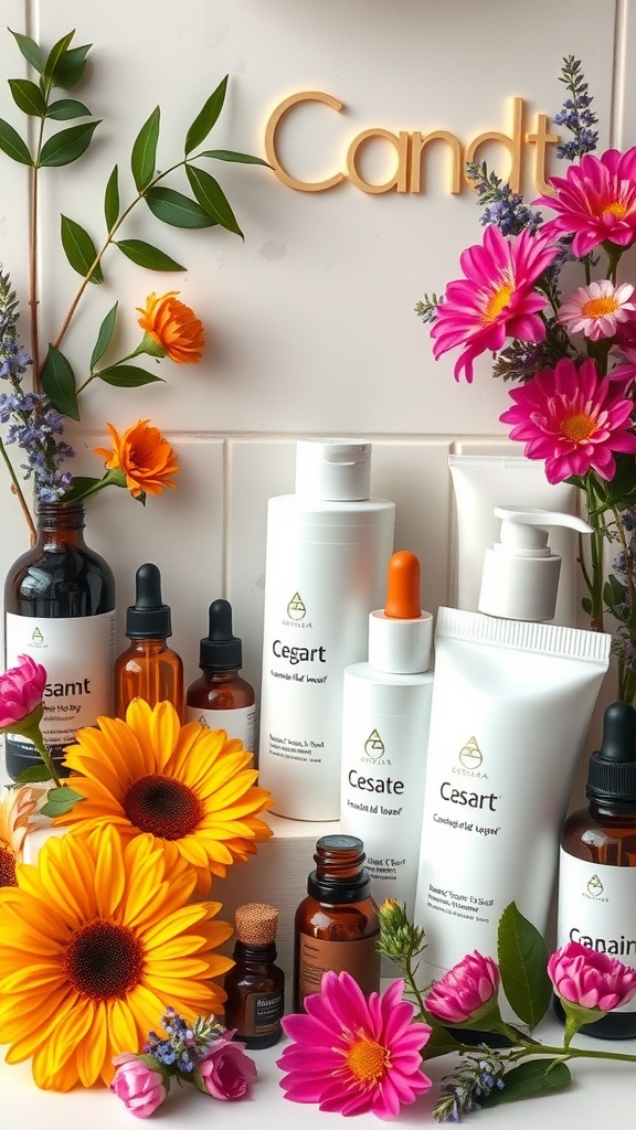 A variety of skincare products displayed with bright flowers and green leaves, representing a vibrant and uplifting skincare routine.