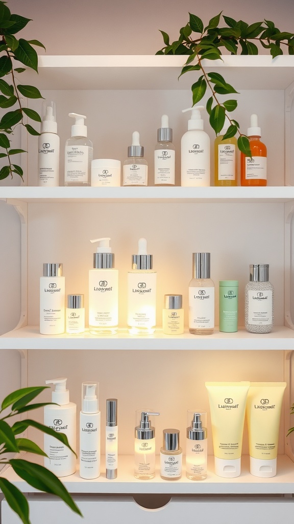 A neatly organized skincare shelf showcasing various products with soft lighting and green plants.