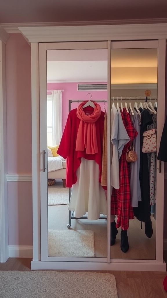 A glimpse of a stylish wardrobe featuring colorful clothing and accessories, set against a soft pink background.