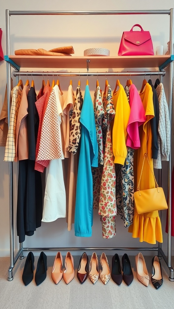 A stylish wardrobe rack displaying a variety of colorful clothing and shoes, including bright tops and chic heels.