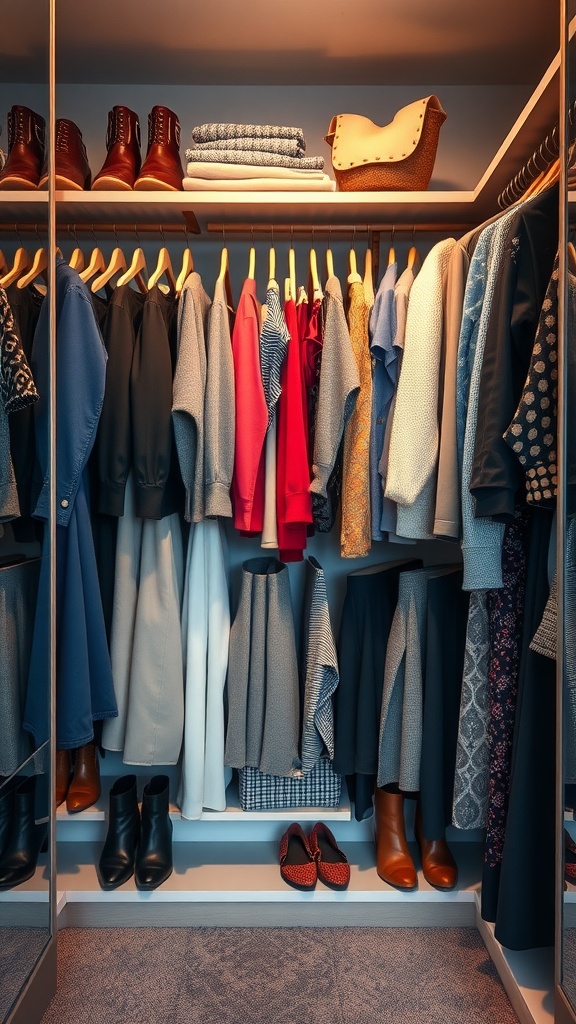 A well-organized closet showcasing a variety of clothing and footwear.