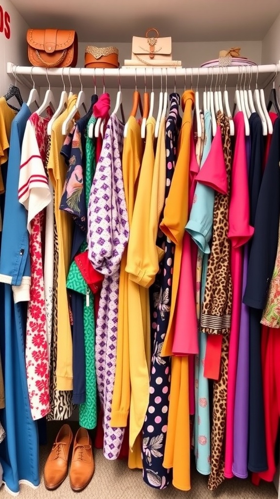 A vibrant wardrobe with colorful clothing and stylish accessories displayed neatly on hangers.
