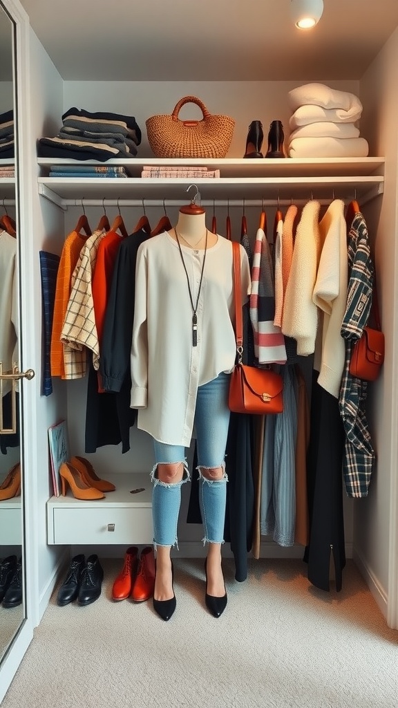 A well-organized closet featuring a variety of clothing options, showcasing a chic outfit on a mannequin.