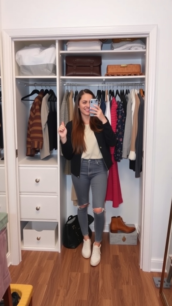 A person taking a selfie in front of a well-organized closet filled with various clothing items.