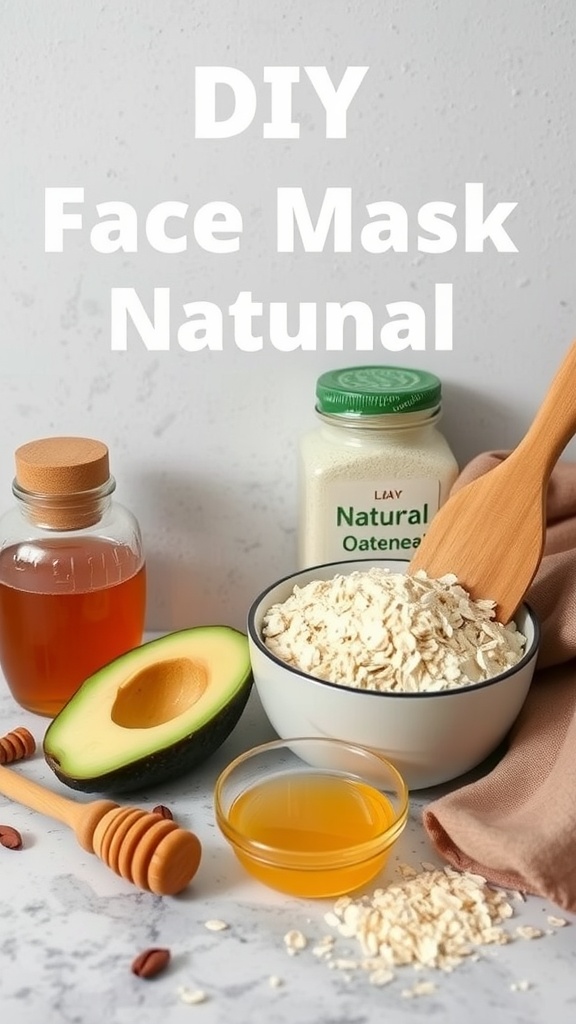 Ingredients for a DIY face mask including oats, avocado, honey, and natural oil.