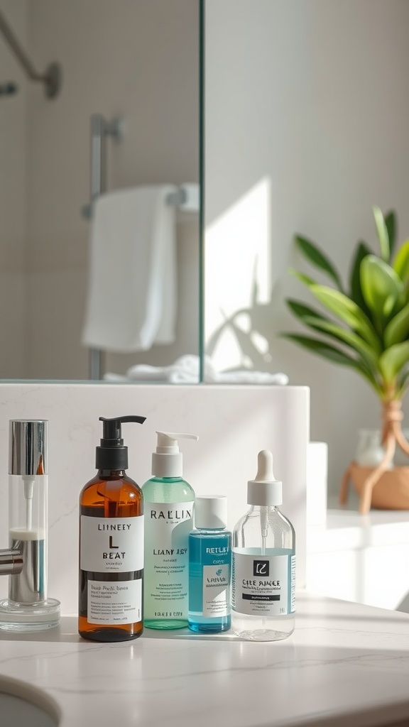 A collection of skincare products on a countertop, including cleansers and serums.