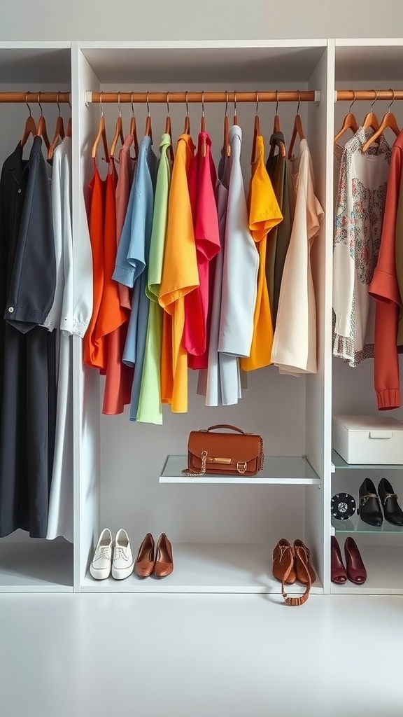 A well-organized wardrobe featuring colorful clothes, shoes, and a stylish bag.