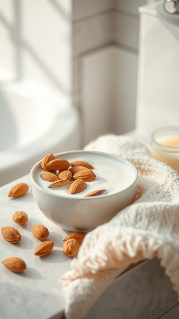A cozy setup featuring a bowl of almond milk and scattered almonds on a soft cloth.