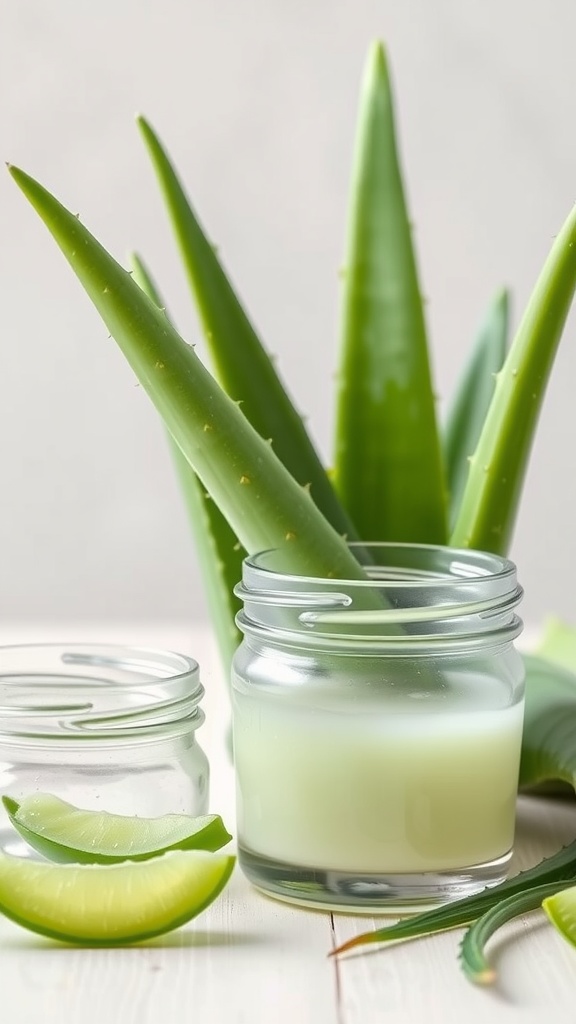 Fresh aloe vera leaves with jars of aloe vera gel
