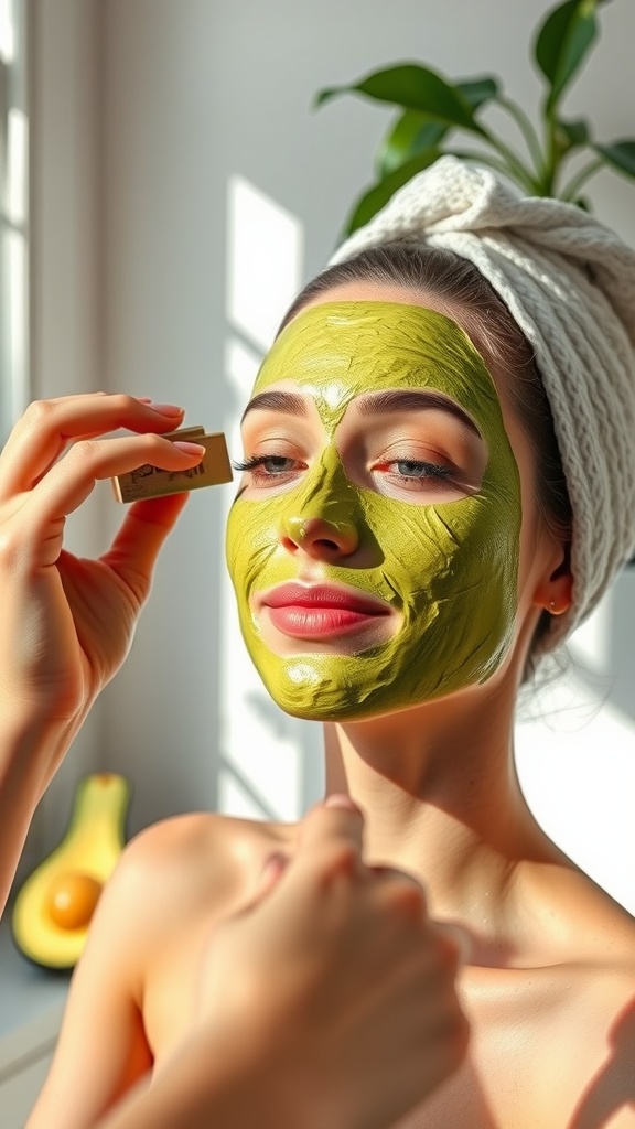 A woman applying a green avocado face mask with a towel on her head, surrounded by an avocado in the background.
