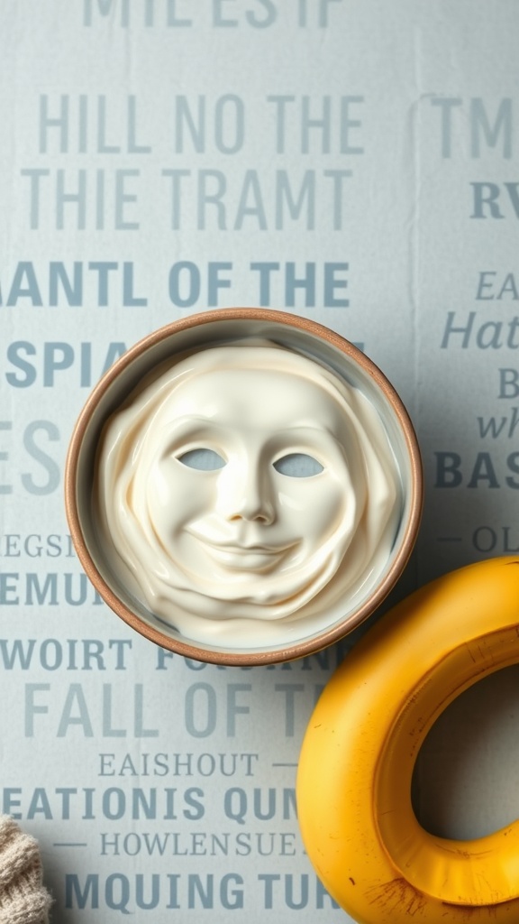 A bowl of creamy banana and yogurt mask, with a bright yellow rubber ring nearby.