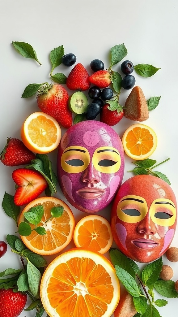 Colorful face masks surrounded by fresh fruits and mint leaves.