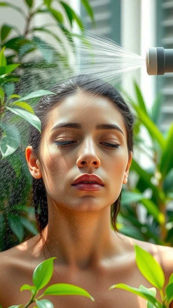 A woman enjoying a face mist spray while surrounded by green plants.