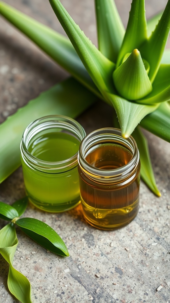 Two jars of green tea and aloe vera gel placed beside fresh aloe leaves