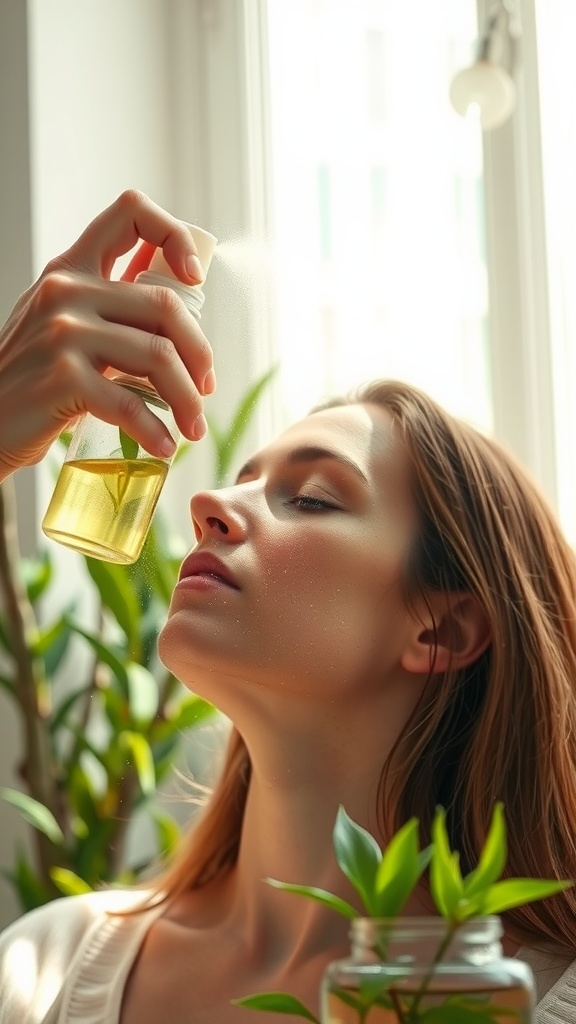 A woman applying a green tea face mist in a fresh, plant-filled environment