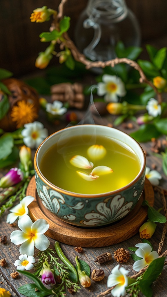 A bowl of green tea surrounded by flowers and herbs, showcasing a relaxing skincare treatment.