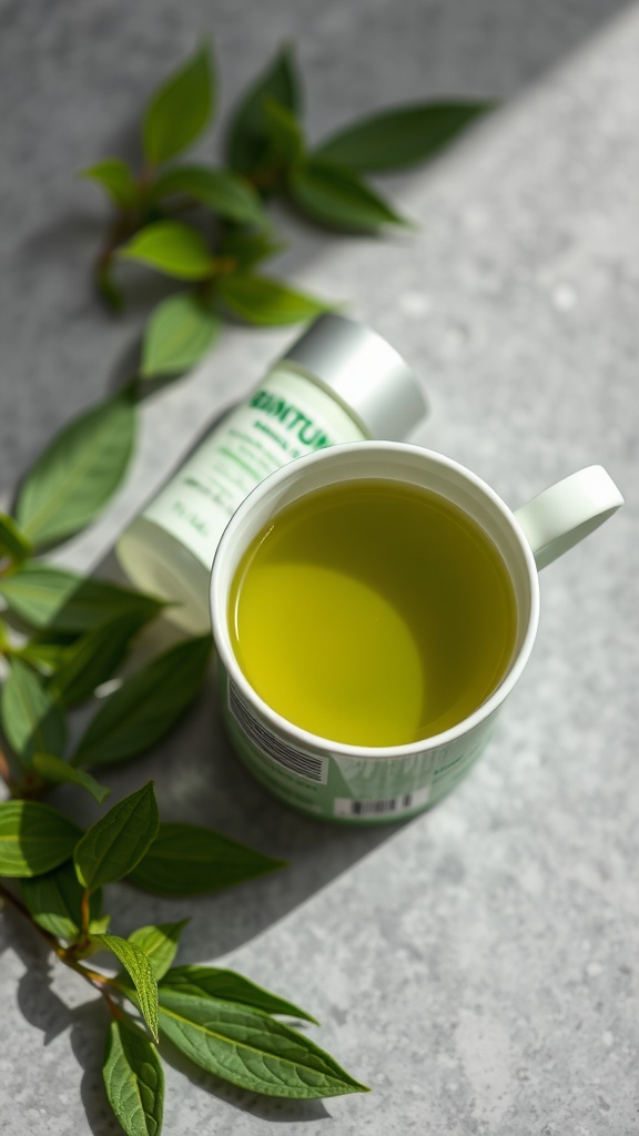 A cup of green tea surrounded by green leaves, symbolizing natural skincare benefits.