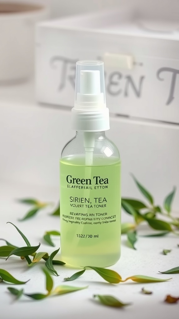 A bottle of green tea toner with a spray nozzle, surrounded by green leaves
