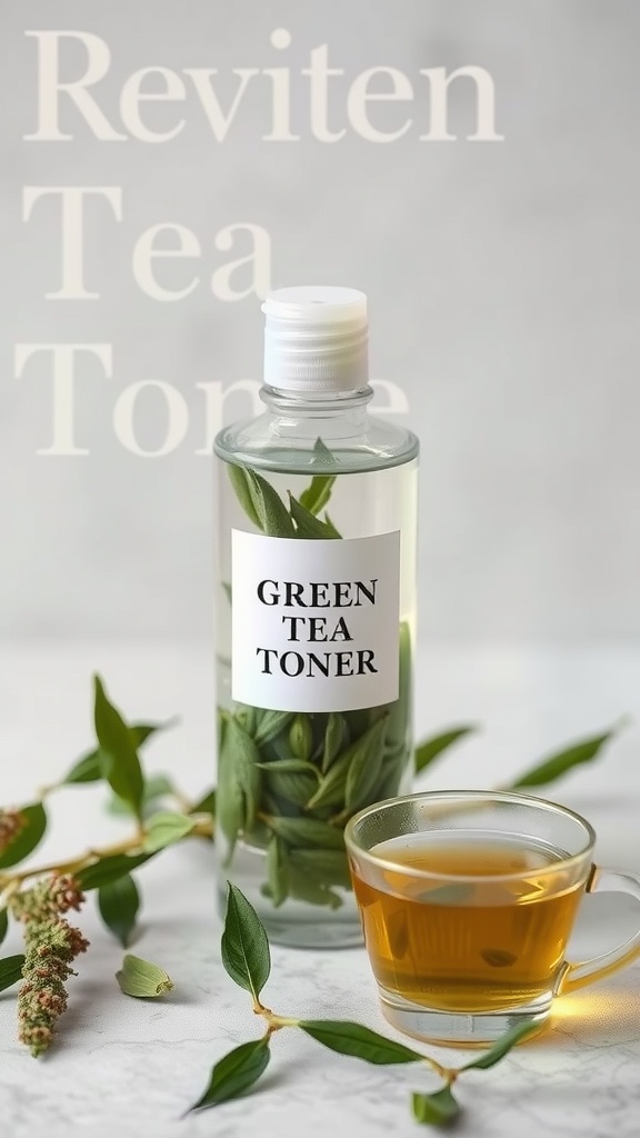 A bottle of green tea toner with fresh green tea leaves and a cup of brewed green tea