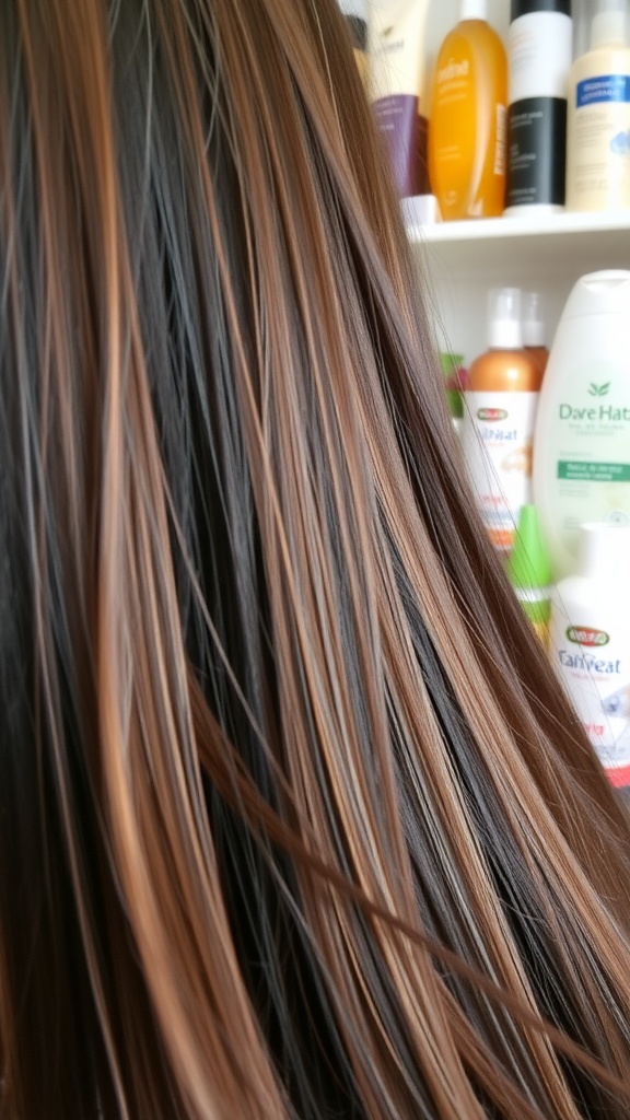 Close-up of long hair with highlights, showcasing hair care products in the background.