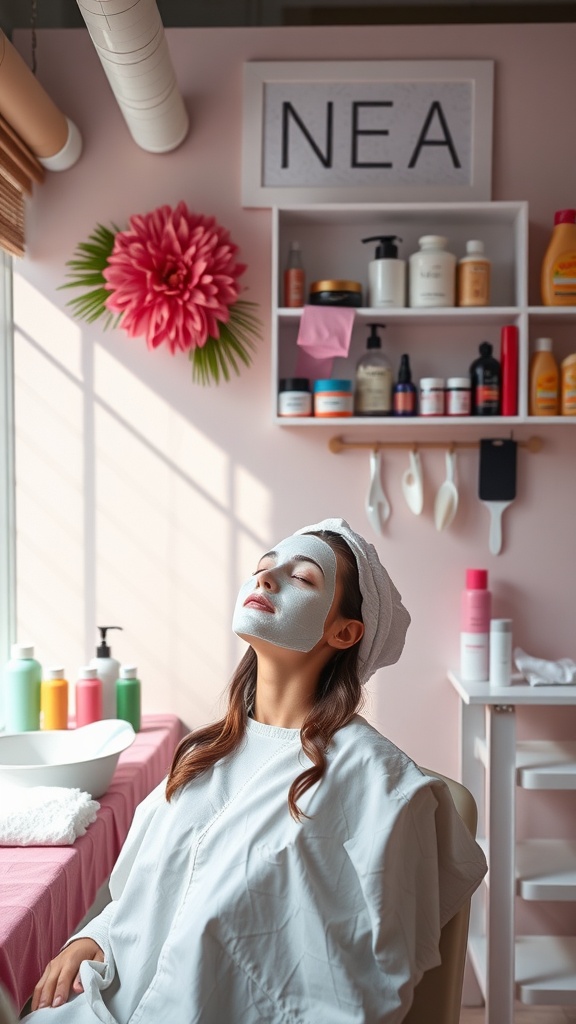 A woman enjoying self-care with a face mask in a brightly colored space