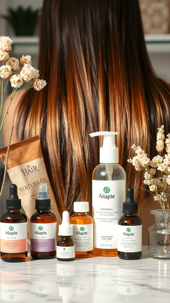 A selection of hair treatment products including oils and serums, arranged artfully with a background of long, healthy hair.