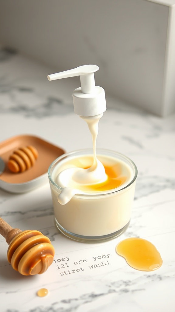 A jar of honey and yogurt face wash with a honey dipper and a swirl of honey