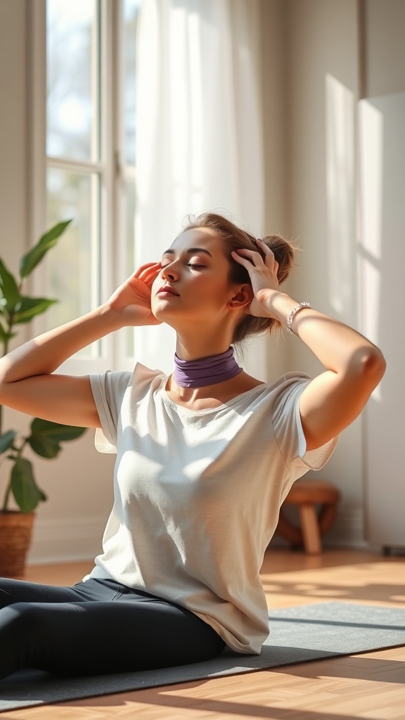 A person doing neck rolls in a bright, calming indoor space