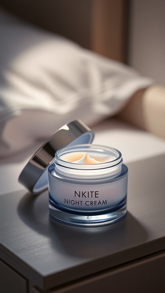 A jar of NKITE Night Cream placed on a bedside table with a blurred blanket in the background.