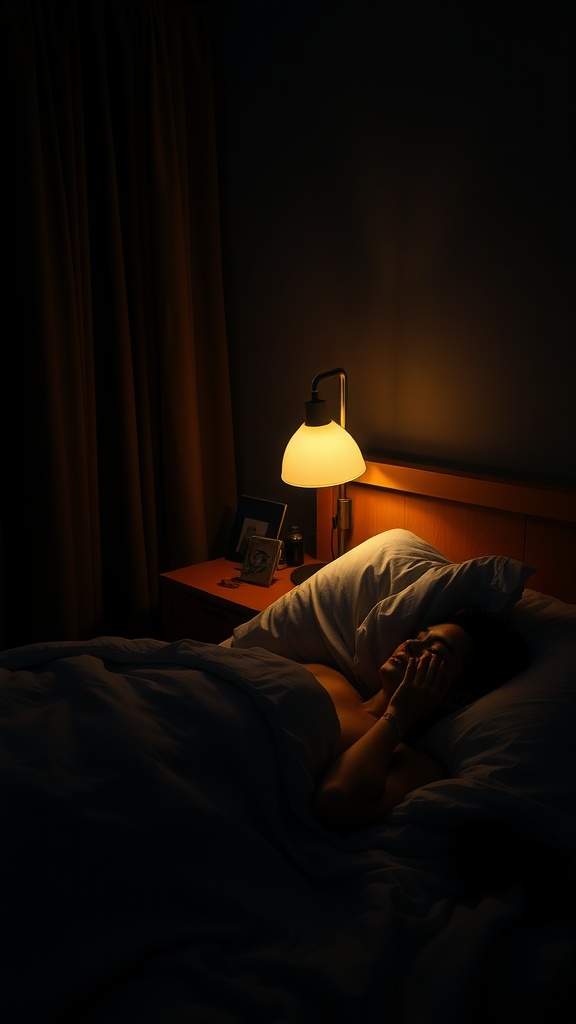 A person lying in bed with soft lighting, suggesting a peaceful nighttime routine.