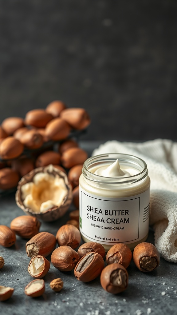 A jar of shea butter hand cream surrounded by shea nuts and half of a shea nut shell