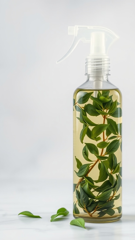 A clear spray bottle filled with green tea toner and fresh leaves on a marble surface.