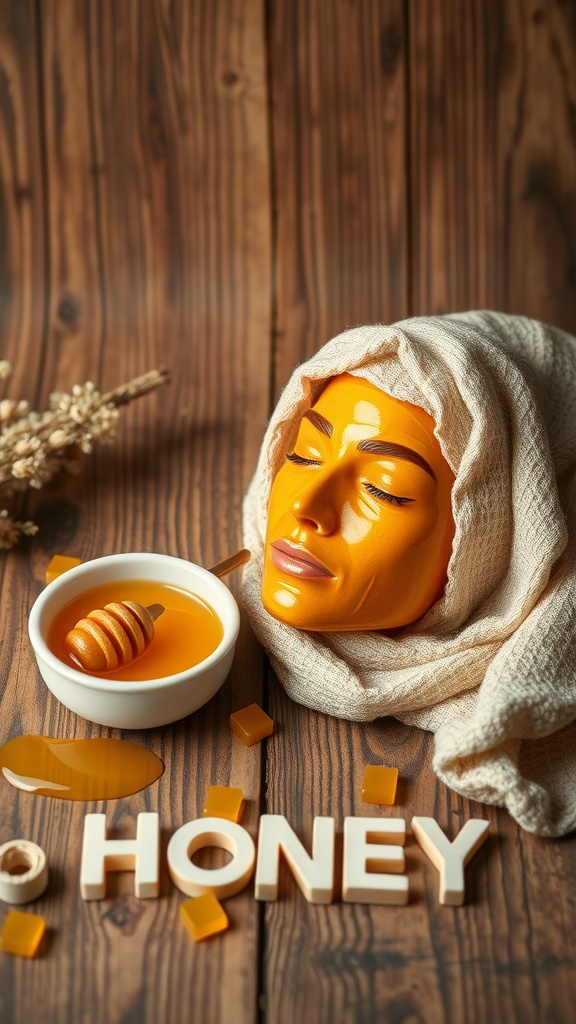 A serene setting with a honey mask, honey in a bowl, and natural decor, highlighting the benefits of honey in skincare.
