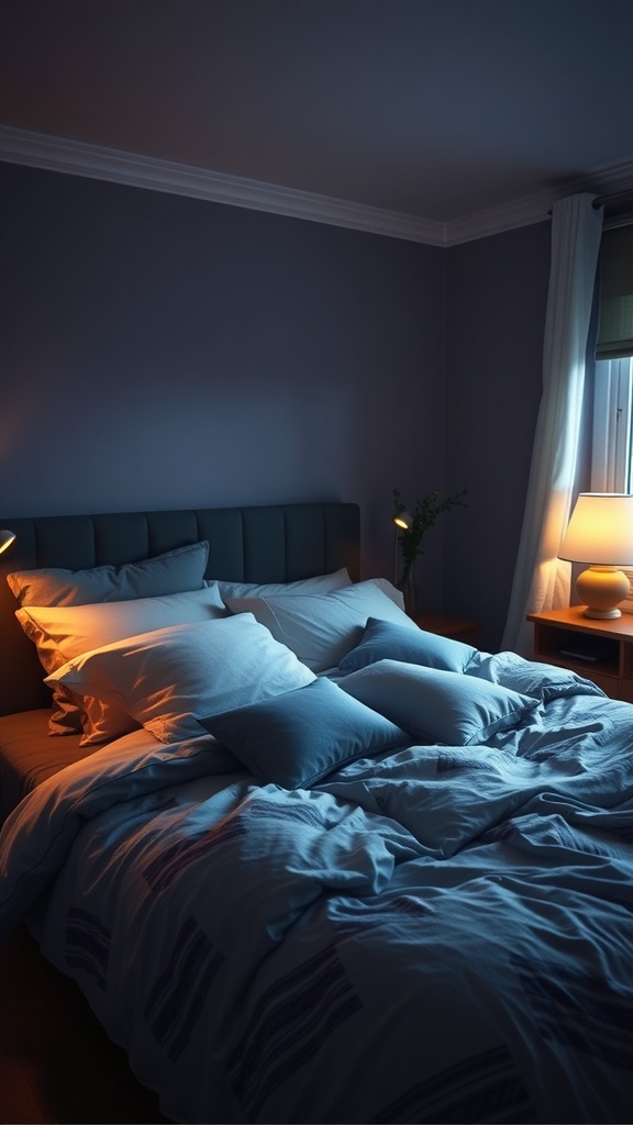 A cozy bedroom featuring a neatly made bed with soft pillows, warm lighting, and a calm atmosphere.