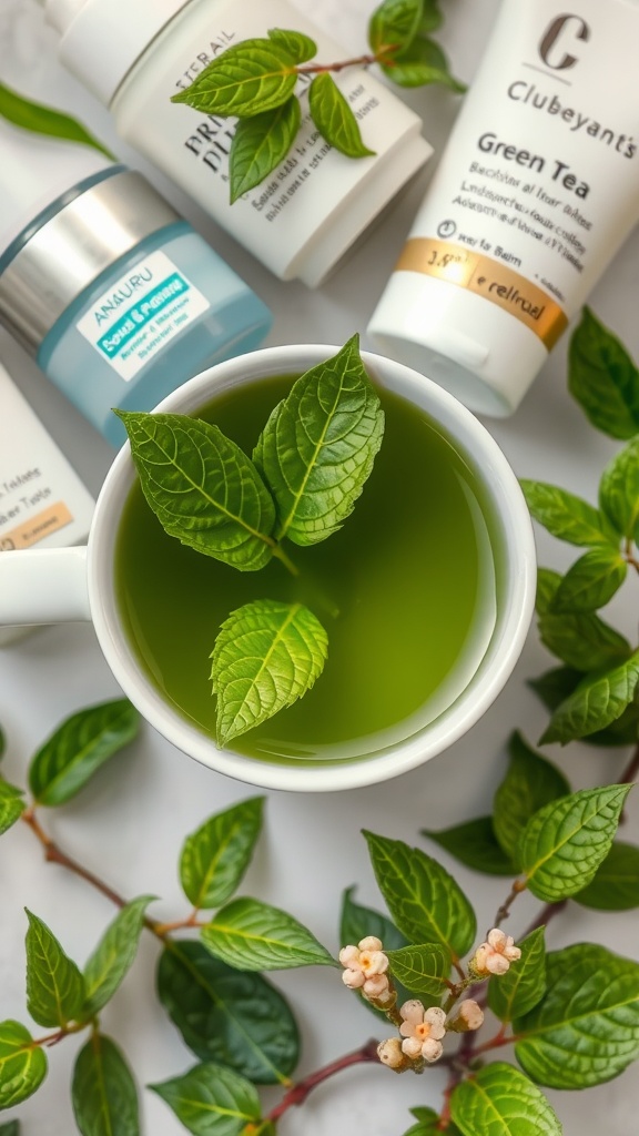 A cup of green tea surrounded by green leaves and skincare products containing green tea extract.