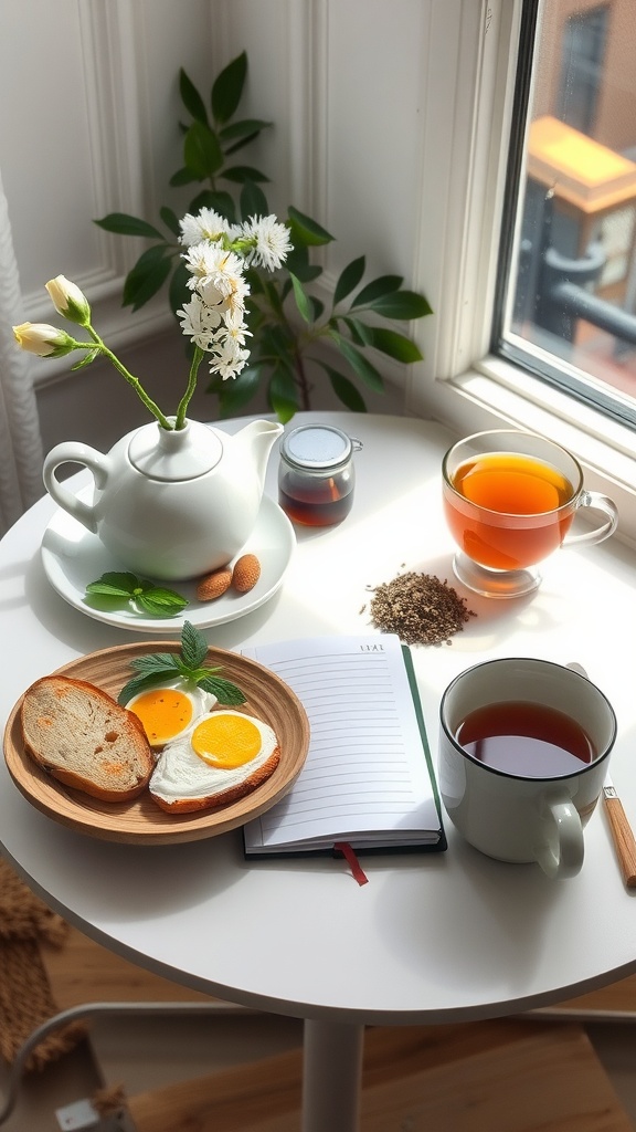 A cozy breakfast scene with eggs, toast, tea, and a notebook on a table by the window.
