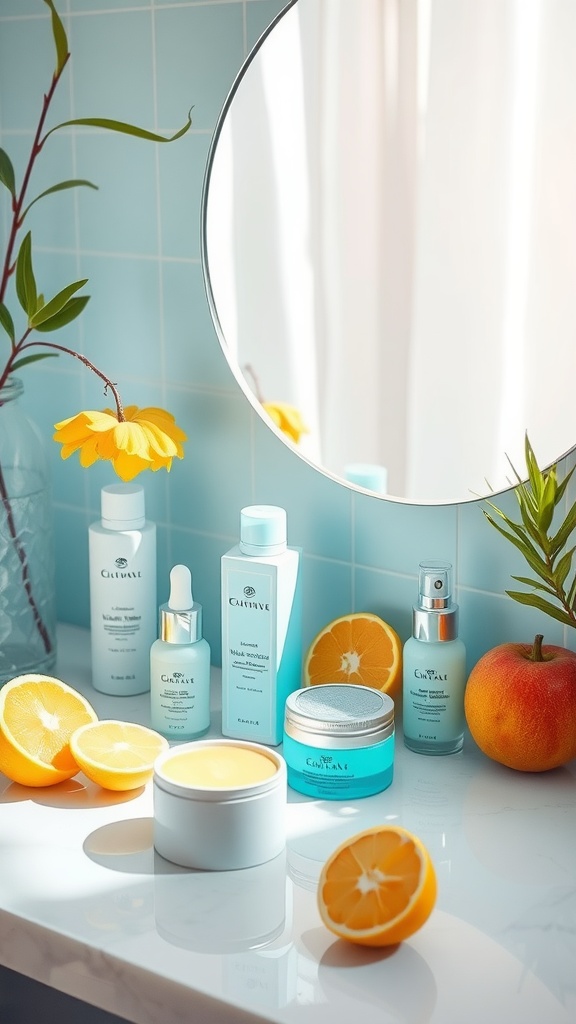 A bright skincare setup featuring various products, including serums and moisturizers, alongside fresh lemons and an orange, symbolizing rejuvenation.
