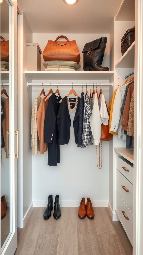 A stylish and organized closet featuring a mix of clothing, bags, and shoes.