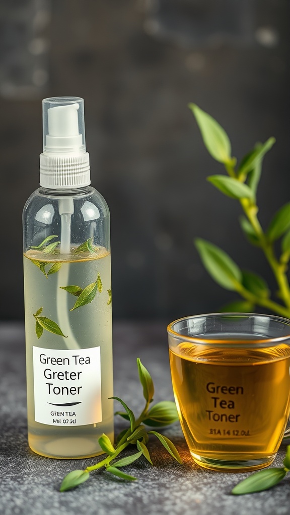 A clear bottle of green tea toner next to a glass of brewed green tea, with green tea leaves in the background.