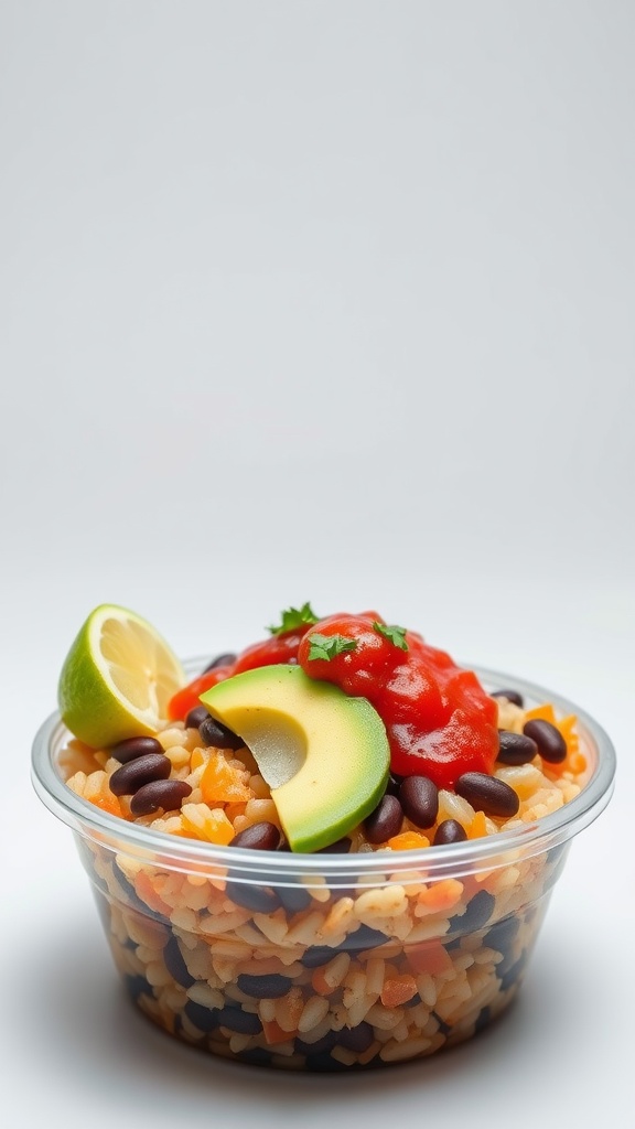 A colorful rice and bean burrito bowl with avocado, lime, and salsa.
