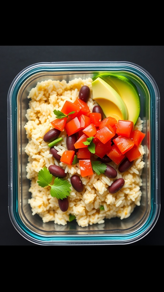 A rice and bean burrito bowl with diced tomatoes, black beans, avocado, and cilantro in a meal prep container.