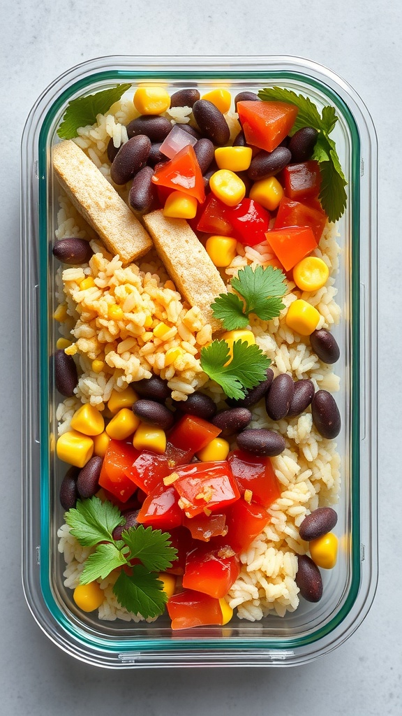 A colorful rice and bean burrito bowl topped with avocado, tomatoes, and cilantro.