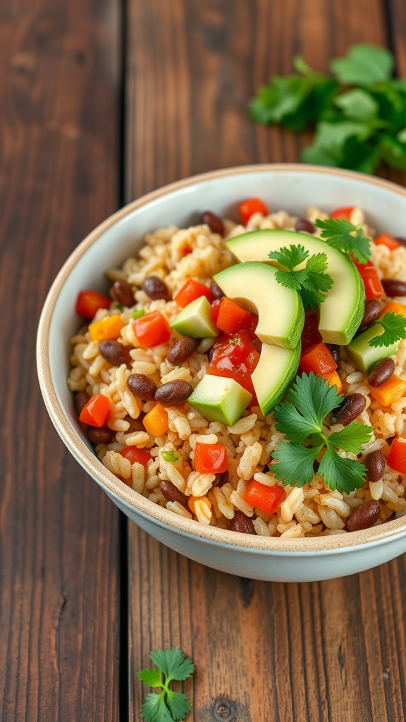 A bowl of rice and bean burrito bowl topped with avocado and salsa.